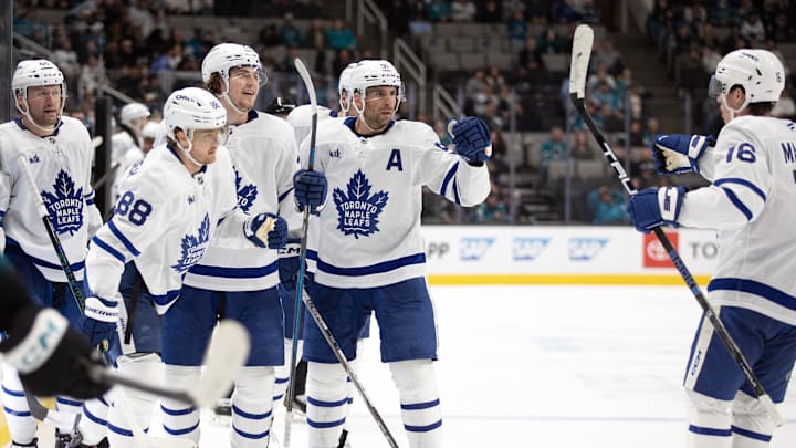 Mar 27, 2025; San Jose, California, USA; Toronto Maple Leafs players celebrate a game-tying goal by right wing William Nylander (88) against the San Jose Sharks during the third period at SAP Center at San Jose. Mandatory Credit: D. Ross Cameron-Imagn Images