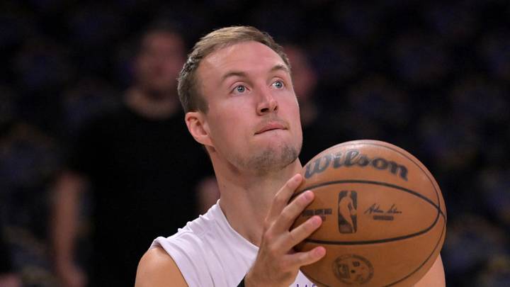 Apr 21, 2026; Los Angeles, California, USA; Los Angeles Lakers guard Luke Kennard (10) warms up prior to game two of the first round of the 2026 NBA Playoffs against the Houston Rockets at Crypto.com Arena. Mandatory Credit: Jayne Kamin-Oncea-Imagn Images