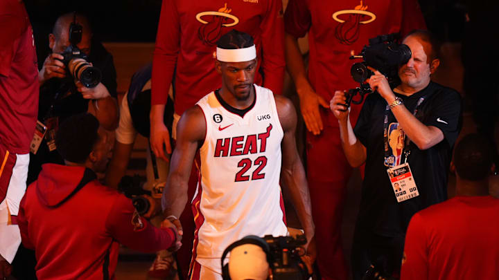 Jun 9, 2023; Miami, Florida, USA; Miami Heat forward Jimmy Butler (22) is introduced before game four of the 2023 NBA Finals against the Denver Nuggets at Kaseya Center. 