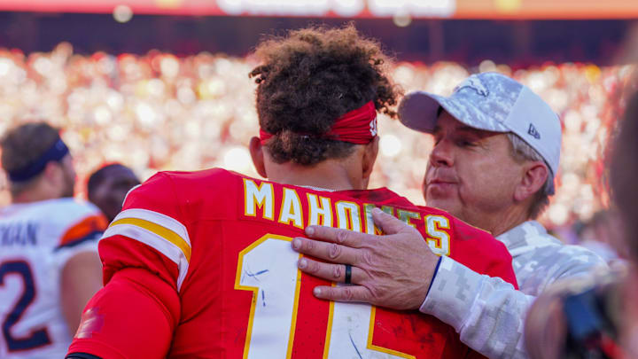 Nov 10, 2024; Kansas City, Missouri, USA; Denver Broncos head coach Sean Peyton talks with Kansas City Chiefs quarterback Patrick Mahomes (15) after the game at GEHA Field at Arrowhead Stadium. Mandatory Credit: Denny Medley-Imagn Images