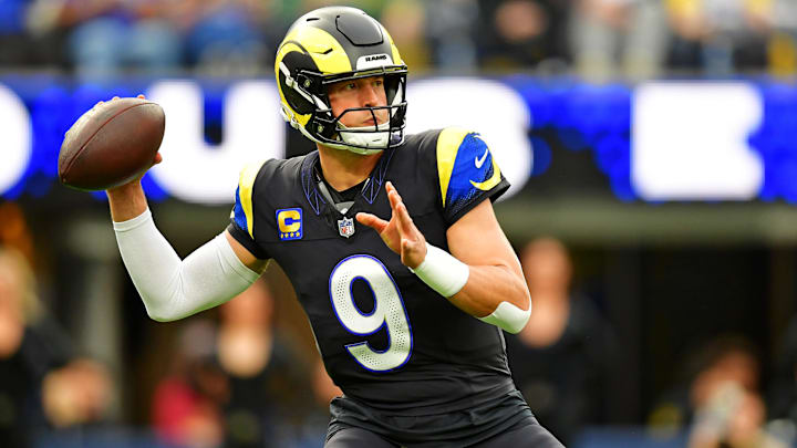 Nov 16, 2025; Inglewood, California, USA; Los Angeles Rams quarterback Matthew Stafford (9) throws a pass during the first half against the Seattle Seahawks at SoFi Stadium. 