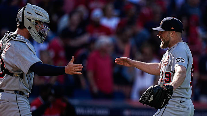 Detroit Tigers pitcher Will Vest (19), right, and catcher Dillon Dingler (13) celebrate 2-1 win over Cleveland Guardians at Game 1 of AL wild-card series at Progressive Field in Cleveland, Ohio on Tuesday, Sept. 30, 2025. Detroit Tigers pitcher Will Vest (19), right, and catcher Dillon Dingler (13) celebrate 2-1 win over Cleveland Guardians at Game 1 of AL wild-card series at Progressive Field in Cleveland, Ohio on Tuesday, Sept. 30, 2025.