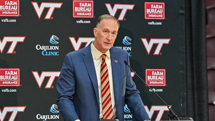 Nov 19, 2025; Blacksburg, VA, USA;  Virginia Tech Athletic Director Whit Babcock speaks at the press conference announcing James Franklin as head coach at Cassell Coliseum. Mandatory Credit: Brian Bishop-Imagn Images