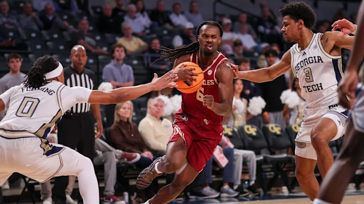 Feb 28, 2026; Atlanta, Georgia, USA; Florida State Seminoles guard Robert McCray V. (6) drives to the basket against the Georgia Tech Yellow Jackets in the first half at McCamish Pavilion. Mandatory Credit: Brett Davis-Imagn Images
