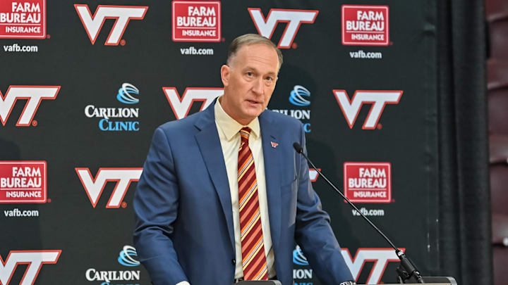 Nov 19, 2025; Blacksburg, Va.; Virginia Tech athletic director Whit Babcock speaks at James Franklin's introductory presser.