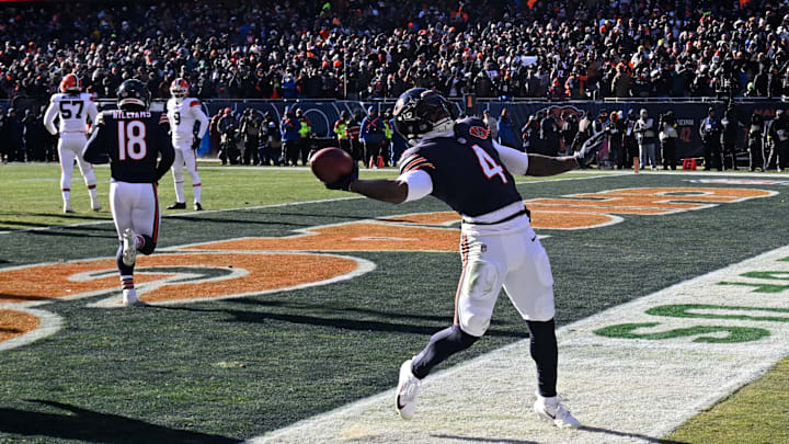 D'Andre Swift celebrates one of two touchdown runs on Sunday at Soldier Field against Cleveland. D'Andre Swift celebrates one of two touchdown runs on Sunday at Soldier Field against Cleveland.