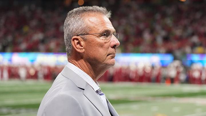 Jan 9, 2026; Atlanta, GA, USA; Urban Meyer on the sidelines prior to the 2025 Peach Bowl and semifinal game of the College Football Playoff between the Oregon Ducks and the Indiana Hoosiers at Mercedes-Benz Stadium. Mandatory Credit: Dale Zanine-Imagn Images