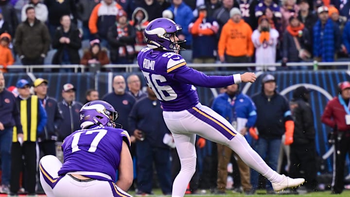 Nov 24, 2024; Chicago, Illinois, USA; Minnesota Vikings kicker John Parker Romo (96) watches his successful game winning field goal against the Chicago Bears during overtime at Soldier Field. Mandatory Credit: Daniel Bartel-Imagn Images