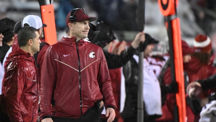 Nov 4, 2023; Pullman, Washington, USA; Washington State Cougars head coach Jake Dickert looks on against the Stanford Cardinal in the first half at Gesa Field at Martin Stadium. Mandatory Credit: James Snook-USA TODAY Sports