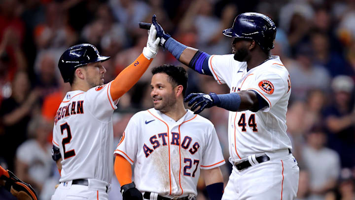 Sep 13, 2023; Houston, Texas, USA; Houston Astros left fielder Yordan Alvarez (44) is congratulated