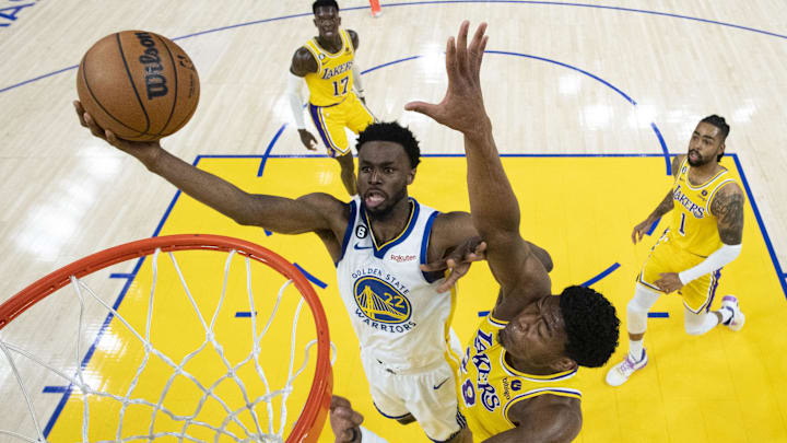 May 10, 2023; San Francisco, California, USA; Golden State Warriors forward Andrew Wiggins (22) shoots the basketball against Los Angeles Lakers forward Rui Hachimura (28) during the third quarter in game five of the 2023 NBA playoffs conference semifinals round at Chase Center. Mandatory Credit: Kyle Terada-Imagn ImagesMay 10, 2023; San Francisco, California, USA; XXXX during the first half in game five of the 2023 NBA playoffs conference semifinals round at Chase Center. Mandatory Credit: Kyle