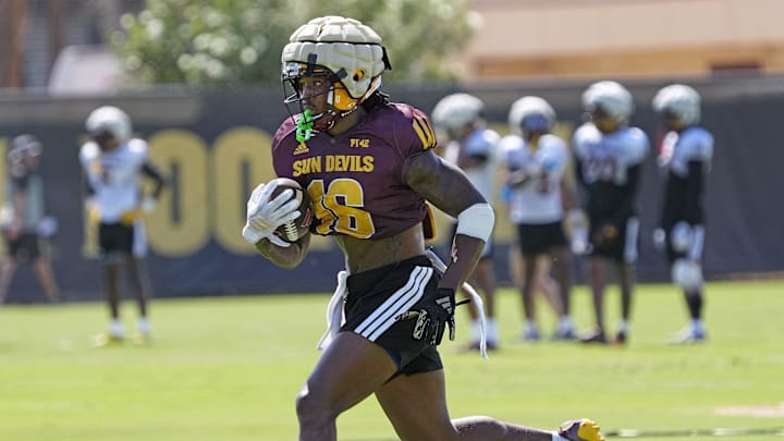 Arizona State wide receiver Jaren Hamilton (16) runs a drill during football practice at Kajikawa practice fields in Tempe on Aug 1, 2025.