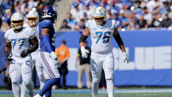Chargers offensive tackle Joe Alt (76) walks to the line against the Giants in Week 4.