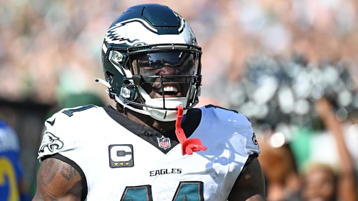 Sep 21, 2025; Philadelphia, Pennsylvania, USA;  Philadelphia Eagles wide receiver AJ. Brown (11) against the Los Angeles Rams at Lincoln Financial Field. Mandatory Credit: Eric Hartline-Imagn Images