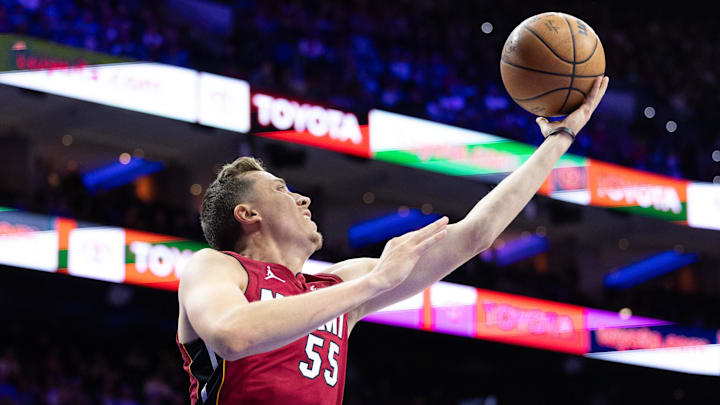 Mar 18, 2024; Philadelphia, Pennsylvania, USA; Miami Heat forward Duncan Robinson (55); Credit: Bill Streicher-USA TODAY Sports