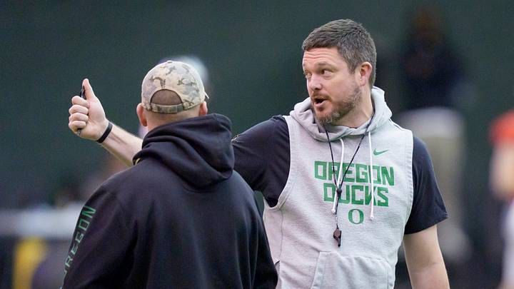 Oregon head coach Dan Lanning walks the field as the Oregon Ducks practice on Jan. 5, 2025, at the Moshofsky Center in Eugene, Oregon, ahead of the Peach Bowl. Oregon head coach Dan Lanning walks the field as the Oregon Ducks practice on Jan. 5, 2025, at the Moshofsky Center in Eugene, Oregon, ahead of the Peach Bowl.