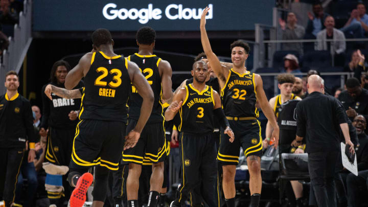 Mar 20, 2024; San Francisco, California, USA; The Golden State Warriors bench exults after the team took a 10-point lead over the Memphis Grizzlies during the second quarter at Chase Center. Mandatory Credit: D. Ross Cameron-USA TODAY Sports