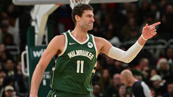 Dec 21, 2024; Milwaukee, Wisconsin, USA; Milwaukee Bucks center Brook Lopez (11) reacts in the fourth quarter against the Washington Wizards at Fiserv Forum. Mandatory Credit: Benny Sieu-Imagn Images Dec 21, 2024; Milwaukee, Wisconsin, USA; Milwaukee Bucks center Brook Lopez (11) reacts in the fourth quarter against the Washington Wizards at Fiserv Forum. Mandatory Credit: Benny Sieu-Imagn Images