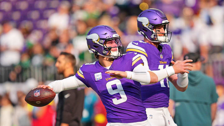 Oct 19, 2025; Minneapolis, Minnesota, USA; Minnesota Vikings quarterback J.J. McCarthy (9) warms up before the game against the Philadelphia Eagles at U.S. Bank Stadium. Mandatory Credit: Brad Rempel-Imagn Images