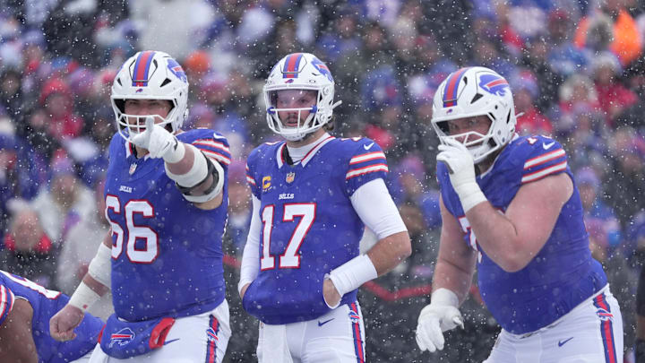 Buffalo Bills center Connor McGovern, Buffalo Bills quarterback Josh Allen and Buffalo Bills guard David Edwards get ready to line up during first half action at Highmark Stadium in Orchard Park on Dec. 7, 2025.