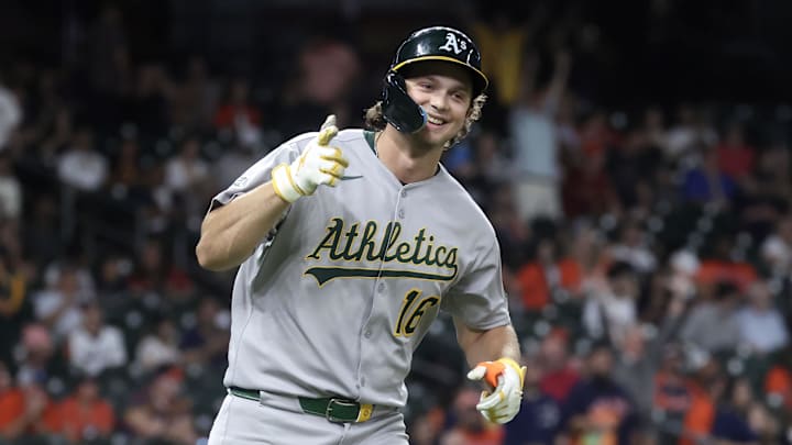 Jul 25, 2025: Athletics designated hitter Nick Kurtz celebrates after hitting his fourth home run of the game against the Houston Astros.