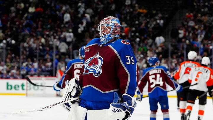 Jan 23, 2026; Denver, Colorado, USA; Colorado Avalanche goaltender MacKenzie Blackwood (39) heads back to the net after a empty net goal scored in the third period against the Philadelphia Flyers at Ball Arena. Mandatory Credit: Ron Chenoy-Imagn Images