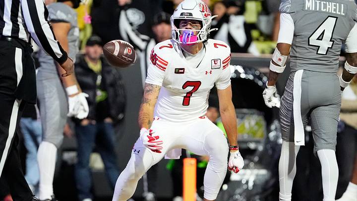 Utah WR Braden Pegan celebrates after a touchdown against Colorado. Mandatory Credit: Ron Chenoy-Imagn Images