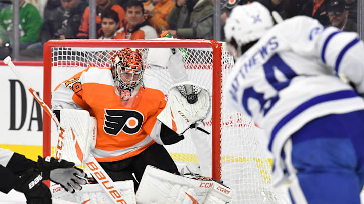 Dec 3, 2019; Philadelphia, PA, USA; Philadelphia Flyers goaltender Carter Hart (79) makes a save against Toronto Maple Leafs center Auston Matthews (34) during the first period at Wells Fargo Center. Mandatory Credit: Eric Hartline-USA TODAY Sports