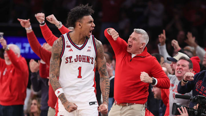 Feb 6, 2026; New York, New York, USA;  St. John's basketball forward Dillon Mitchell (1) celebrates with the fans in the second half against the UConn Huskies at Madison Square Garden.