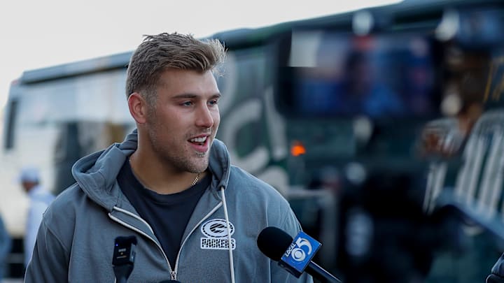 Green Bay Packers defensive end Lukas Van Ness talks to the media during the 2025 Packers Tailgate Tour sendoff on Tuesday, April 8, 2025, at Lambeau Field in Green Bay, Wis.
Tork Mason/USA TODAY NETWORK-Wisconsin