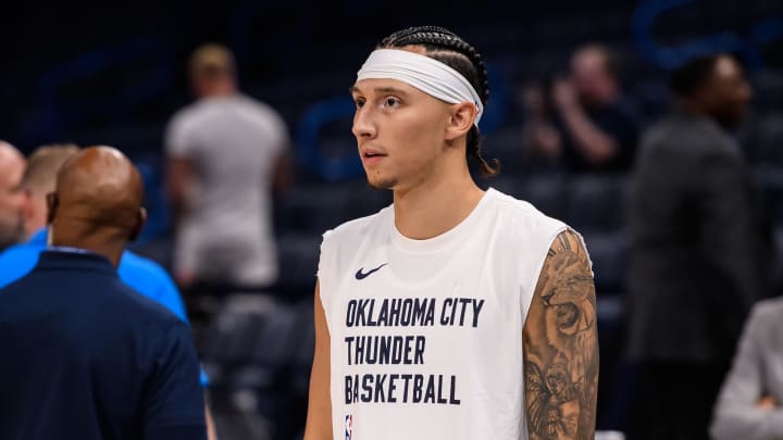 Oct 9, 2023; Oklahoma City, Oklahoma, USA; Oklahoma City Thunder forward Lindy Waters III (12) warms up before the game against the San Antonio Spurs at Paycom Center. Mandatory Credit: Rob Ferguson-USA TODAY Sports Oct 9, 2023; Oklahoma City, Oklahoma, USA; Oklahoma City Thunder forward Lindy Waters III (12) warms up before the game against the San Antonio Spurs at Paycom Center. Mandatory Credit: Rob Ferguson-USA TODAY Sports