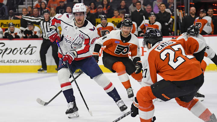 Oct 22, 2024; Philadelphia, Pennsylvania, USA; Washington Capitals left wing Pierre-Luc Dubois (80) controls the puck against Philadelphia Flyers left wing Noah Cates (27) during the first period at Wells Fargo Center. Mandatory Credit: Eric Hartline-Imagn Images Oct 22, 2024; Philadelphia, Pennsylvania, USA; Washington Capitals left wing Pierre-Luc Dubois (80) controls the puck against Philadelphia Flyers left wing Noah Cates (27) during the first period at Wells Fargo Center. Mandatory Credit: Eric Hartline-Imagn Images