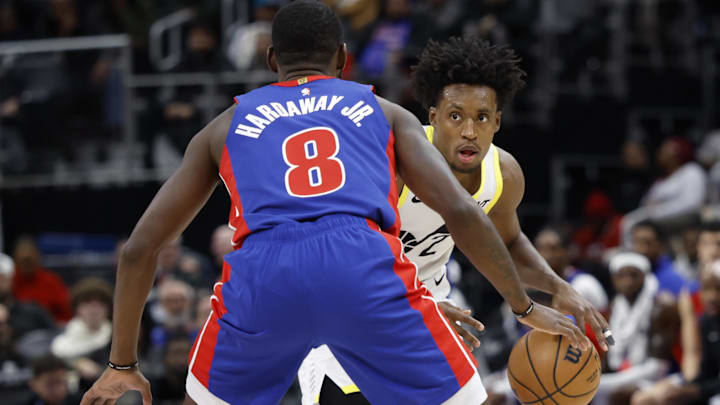 Dec 19, 2024; Detroit, Michigan, USA; Utah Jazz guard Collin Sexton (2) is defended by Detroit Pistons forward Tim Hardaway Jr. (8) in the third quarter at Little Caesars Arena. Mandatory Credit: Rick Osentoski-Imagn Images Dec 19, 2024; Detroit, Michigan, USA; Utah Jazz guard Collin Sexton (2) is defended by Detroit Pistons forward Tim Hardaway Jr. (8) in the third quarter at Little Caesars Arena. Mandatory Credit: Rick Osentoski-Imagn Images