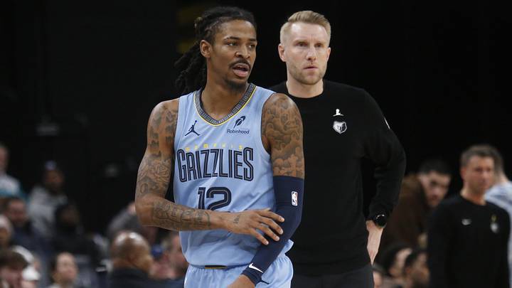 Jan 21, 2026; Memphis, Tennessee, USA; Memphis Grizzlies guard Ja Morant (12) and head coach Tuomas Iisalo looks on during the third quarter against the Atlanta Hawks at FedExForum. Mandatory Credit: Petre Thomas-Imagn Images Jan 21, 2026; Memphis, Tennessee, USA; Memphis Grizzlies guard Ja Morant (12) and head coach Tuomas Iisalo looks on during the third quarter against the Atlanta Hawks at FedExForum. Mandatory Credit: Petre Thomas-Imagn Images