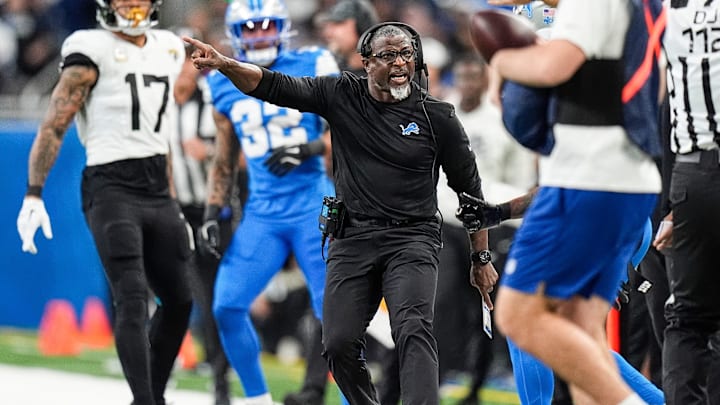 Detroit Lions defensive coordinator Aaron Glenn reacts to a play against Jacksonville Jaguars during the second half at Ford Field in Detroit on Sunday, Nov. 17, 2024. Detroit Lions defensive coordinator Aaron Glenn reacts to a play against Jacksonville Jaguars during the second half at Ford Field in Detroit on Sunday, Nov. 17, 2024.