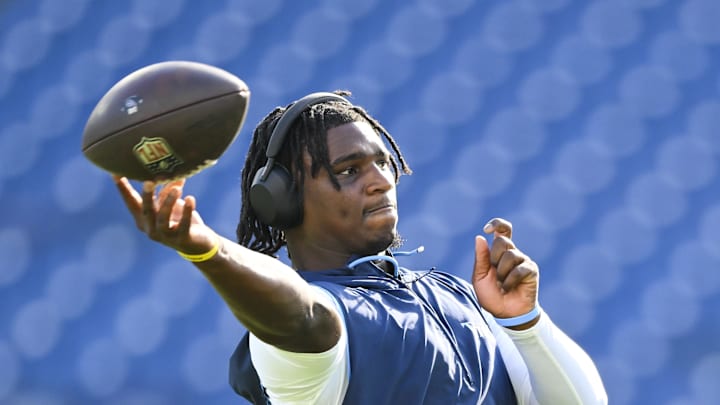 Tennessee Titans quarterback Cameron Ward throws during pre-game warm-ups at Nissan Stadium.