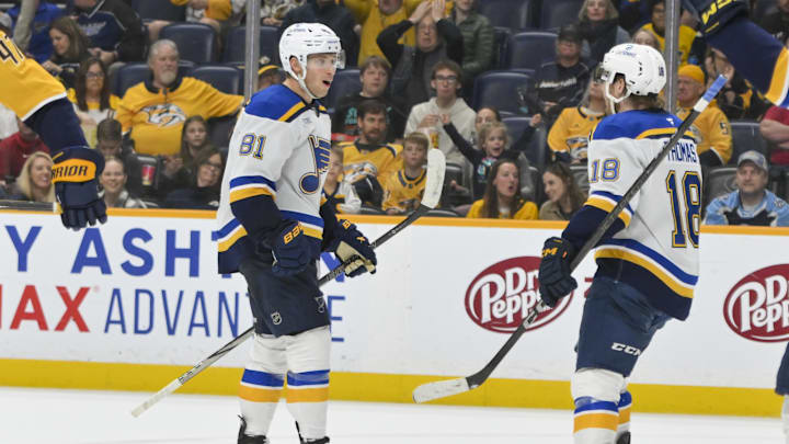 Mar 27, 2025; Nashville, Tennessee, USA;  St. Louis Blues center Dylan Holloway (81) celebrates his goal against the Nashville Predators during the second period at Bridgestone Arena. Mandatory Credit: Steve Roberts-Imagn Images