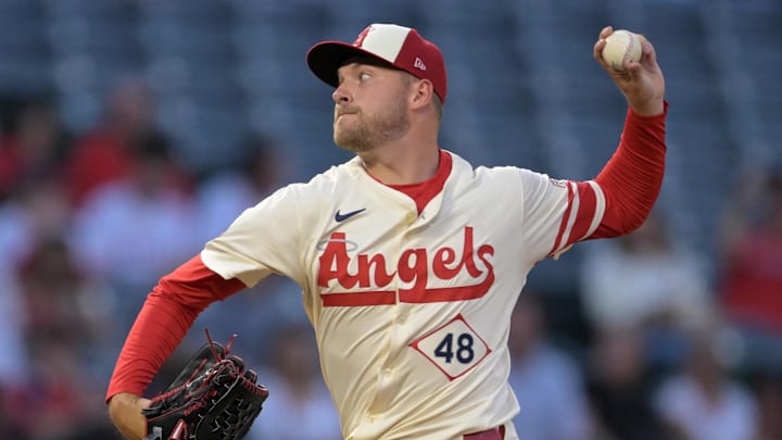 Sep 16, 2024; Anaheim, California, USA;  Los Angeles Angels starting pitcher Reid Detmers (48) delivers to the plate in the first inning against the Chicago White Sox at Angel Stadium. Mandatory Credit: Jayne Kamin-Oncea-Imagn Images