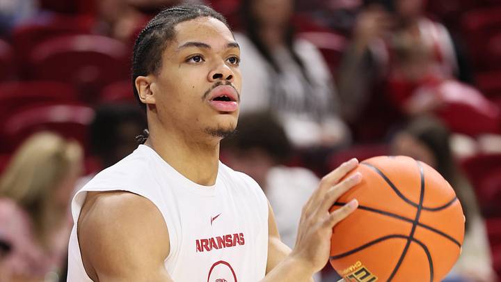 Feb 25, 2026; Fayetteville, Arkansas, USA; Arkansas Razorbacks guard Darius Acuff Jr. prior to the game against the Texas A&M Aggies at Bud Walton Arena. Feb 25, 2026; Fayetteville, Arkansas, USA; Arkansas Razorbacks guard Darius Acuff Jr. prior to the game against the Texas A&M Aggies at Bud Walton Arena.