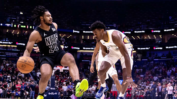 Nov 11, 2024; New Orleans, Louisiana, USA; Brooklyn Nets guard Cam Thomas (24) dribbles against New Orleans Pelicans center Yves Missi (21) during the first half at Smoothie King Center. Mandatory Credit: Stephen Lew-Imagn Images Nov 11, 2024; New Orleans, Louisiana, USA; Brooklyn Nets guard Cam Thomas (24) dribbles against New Orleans Pelicans center Yves Missi (21) during the first half at Smoothie King Center. Mandatory Credit: Stephen Lew-Imagn Images
