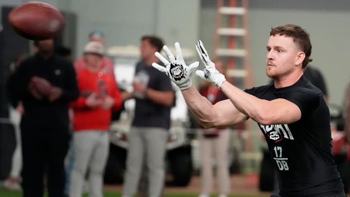 Former Georgia defensive back Dan Jackson (17) looks to catch the ball during UGA Footballs Pro Day in Athens, Ga., on Wednesday, March 12, 2025. Representatives from all 32 NFL teams are on hand to watch former UGA football players in action.
