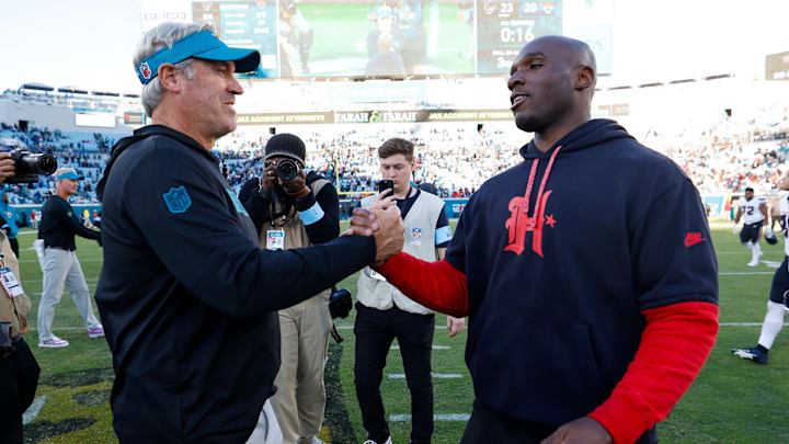 Dec 1, 2024; Jacksonville, Florida, USA; Jacksonville Jaguars head coach Doug Pederson greets Houston Texans head coach Demeco Ryans afar a game at EverBank Stadium. Mandatory Credit: Nathan Ray Seebeck-Imagn Images Dec 1, 2024; Jacksonville, Florida, USA; Jacksonville Jaguars head coach Doug Pederson greets Houston Texans head coach Demeco Ryans afar a game at EverBank Stadium. Mandatory Credit: Nathan Ray Seebeck-Imagn Images