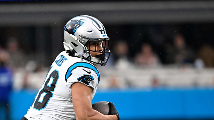 Dec 15, 2024; Charlotte, North Carolina, USA; Carolina Panthers wide receiver Jalen Coker (18) with the ball in the fourth quarter at Bank of America Stadium. Mandatory Credit: Bob Donnan-Imagn Images Dec 15, 2024; Charlotte, North Carolina, USA; Carolina Panthers wide receiver Jalen Coker (18) with the ball in the fourth quarter at Bank of America Stadium. Mandatory Credit: Bob Donnan-Imagn Images