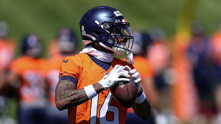 May 23, 2024; Englewood, CO, USA; Denver Broncos wide receiver Troy Franklin (16) during organized team activities at Centura Health Training Center. Mandatory Credit: Isaiah J. Downing-USA TODAY Sports