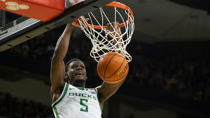 Oregon guard TJ Bamba dunks the ball as the Oregon Ducks host the Purdue Boilermakers Saturday, Jan. 18, 2025, at Matthew Knight Arena in Eugene, Ore. Oregon guard TJ Bamba dunks the ball as the Oregon Ducks host the Purdue Boilermakers Saturday, Jan. 18, 2025, at Matthew Knight Arena in Eugene, Ore.