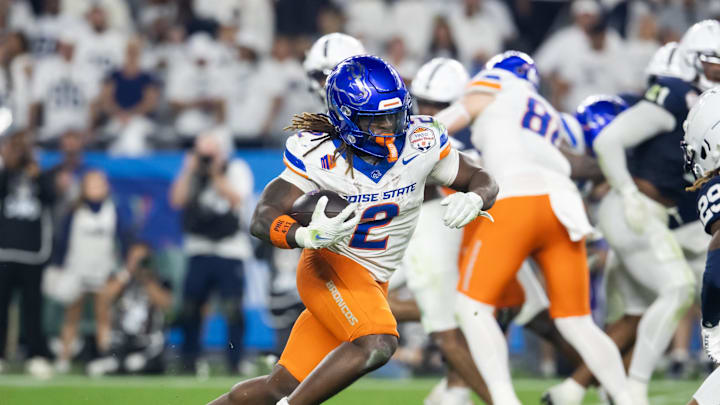 Dec 31, 2024; Glendale, AZ, USA; Boise State Broncos running back Ashton Jeanty (2) against the Penn State Nittany Lions during the Fiesta Bowl at State Farm Stadium. Mandatory Credit: Mark J. Rebilas-Imagn Images