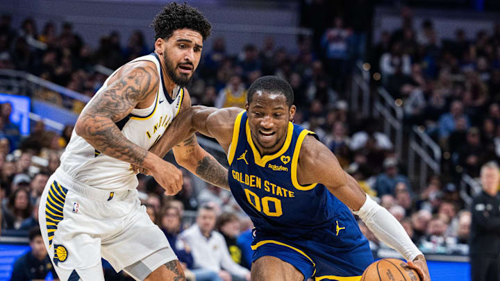 Feb 8, 2024; Indianapolis, Indiana, USA; Golden State Warriors forward Jonathan Kuminga (00) dribbles the ball while Indiana Pacers forward Obi Toppin (1) defends in the first half at Gainbridge Fieldhouse. Mandatory Credit: Trevor Ruszkowski-Imagn Images Feb 8, 2024; Indianapolis, Indiana, USA; Golden State Warriors forward Jonathan Kuminga (00) dribbles the ball while Indiana Pacers forward Obi Toppin (1) defends in the first half at Gainbridge Fieldhouse. Mandatory Credit: Trevor Ruszkowski-Imagn Images