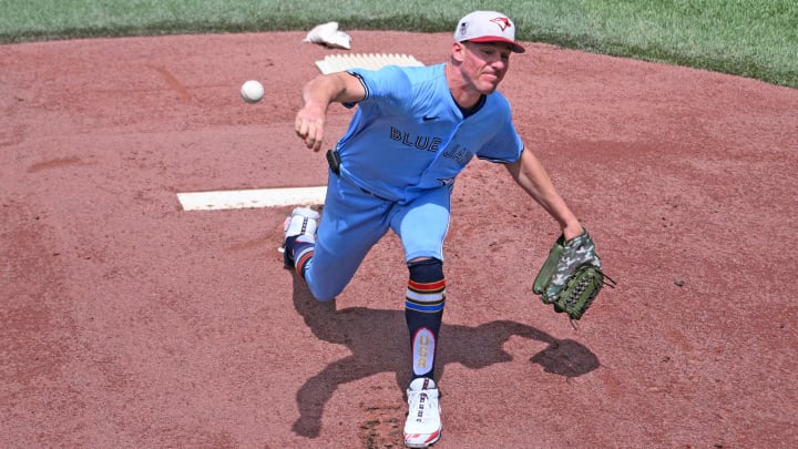Jul 4, 2024; Toronto, Ontario, CAN; Toronto Blue Jays starting pitcher Chris Bassitt (40) delivers a pitch against the Houston Astros in the first inning at Rogers Centre.