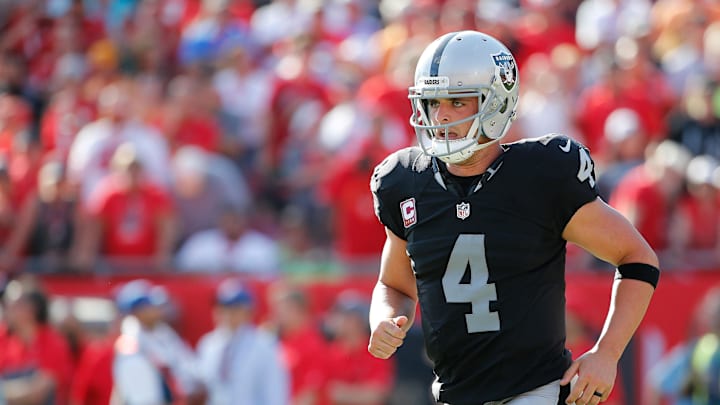 Oct 30, 2016; Tampa, FL, USA; Oakland Raiders quarterback Derek Carr (4) against the Tampa Bay Buccaneers during the second half at Raymond James Stadium. Oakland Raiders defeated the Tampa Bay Buccaneers 30-24 in overtime. Mandatory Credit: Kim Klement-Imagn Images Oct 30, 2016; Tampa, FL, USA; Oakland Raiders quarterback Derek Carr (4) against the Tampa Bay Buccaneers during the second half at Raymond James Stadium. Oakland Raiders defeated the Tampa Bay Buccaneers 30-24 in overtime. Mandatory Credit: Kim Klement-Imagn Images