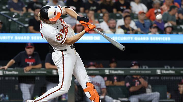 Sep 9, 2026; Baltimore, Maryland, USA;  Baltimore Orioles third base Coby Mayo (16) hits a home run during the sixth inning against the Cleveland Guardians at Oriole Park at Camden Yards. at Oriole Park at Camden Yards.  Mandatory Credit: Daniel Kucin Jr.-Imagn Images